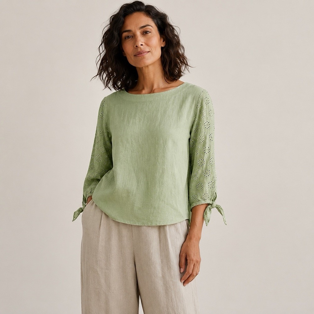 Linen Charter Club top 100% linen eyelet sleeve blouse pistachio XL quiet luxury